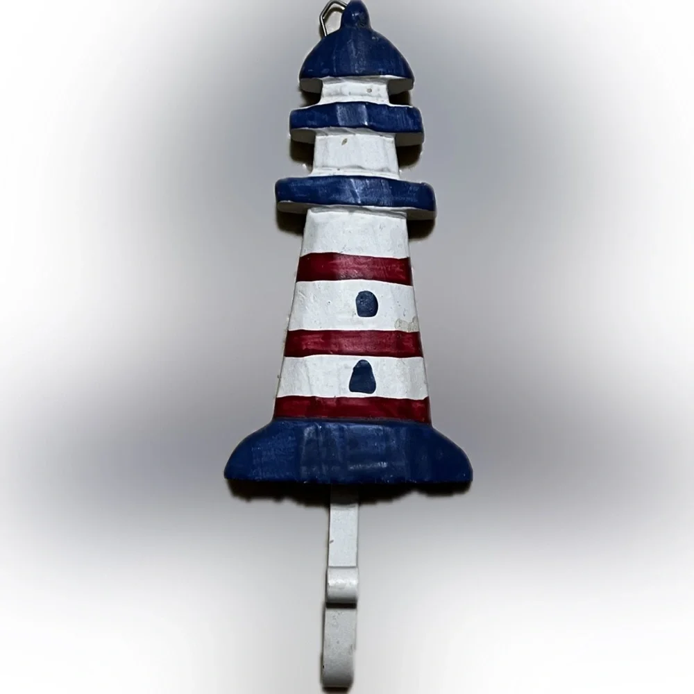 💥Lighthouse Wall Hook 3D Red White Blue Wooden Metal Hanger Decor Ocean
